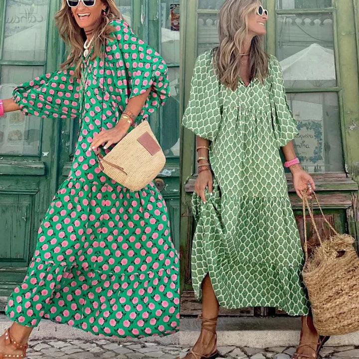 Boho sukienka letnia w stylu Ibizy o luźnym kroju - Elira-Zielony i biały-S-Trend Polska