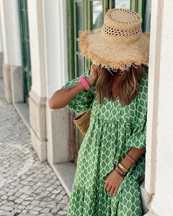 Boho sukienka letnia w stylu Ibizy o luźnym kroju - Elira-Zielony i biały-S-Trend Polska