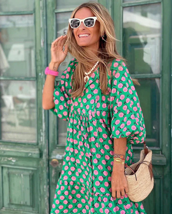 Boho sukienka letnia w stylu Ibizy o luźnym kroju - Elira-Zielony i biały-S-Trend Polska