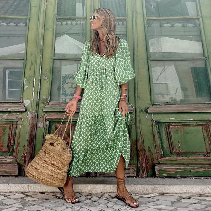 Boho sukienka letnia w stylu Ibizy o luźnym kroju - Elira-Zielony i biały-S-Trend Polska