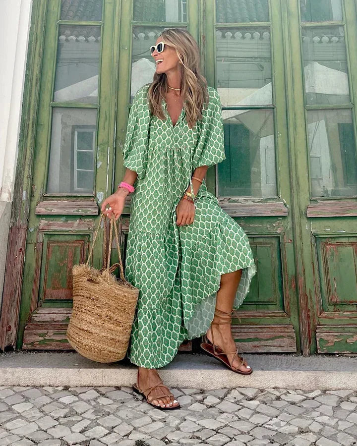 Boho sukienka letnia w stylu Ibizy o luźnym kroju - Elira-Zielony i biały-S-Trend Polska