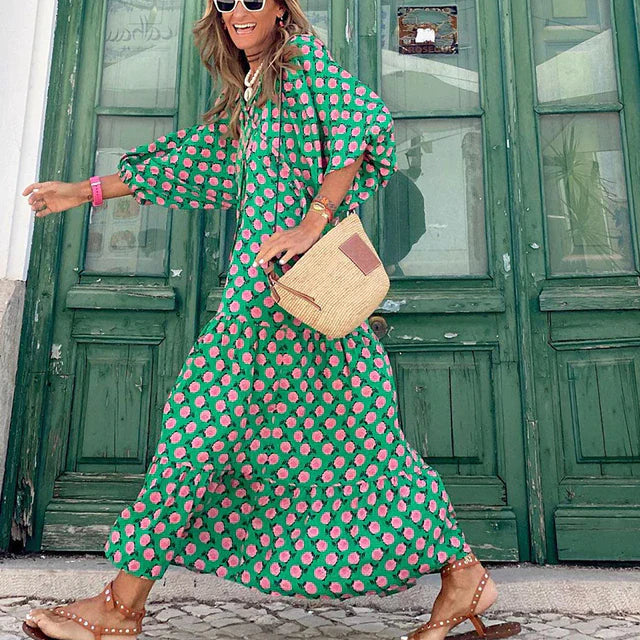 Boho sukienka letnia w stylu Ibizy o luźnym kroju - Elira-Zielony i różowy-S-Trend Polska
