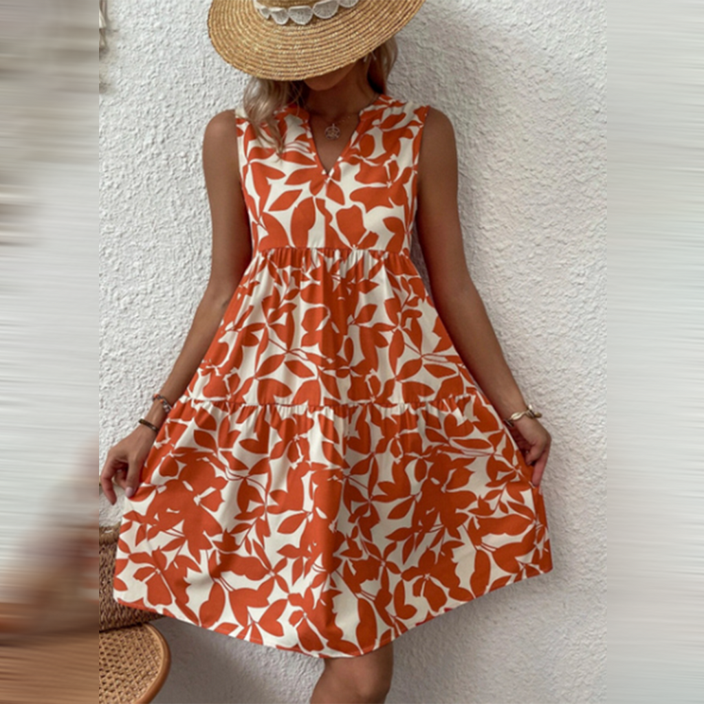 Boho Sukienka letnia z nadrukiem i dekoltem w serek – Yalina-Pomarańczowy-S-Trend Polska