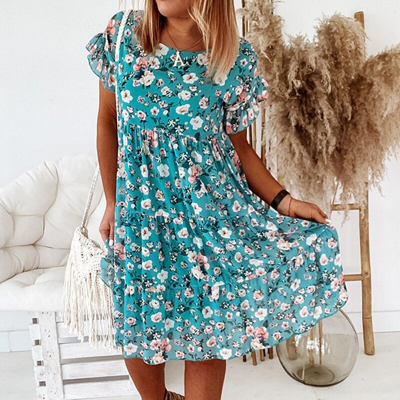 Boho-sukienka w kwiaty z falbankami i taliowanym krojem – Calista-Niebieski-S-Trend Polska