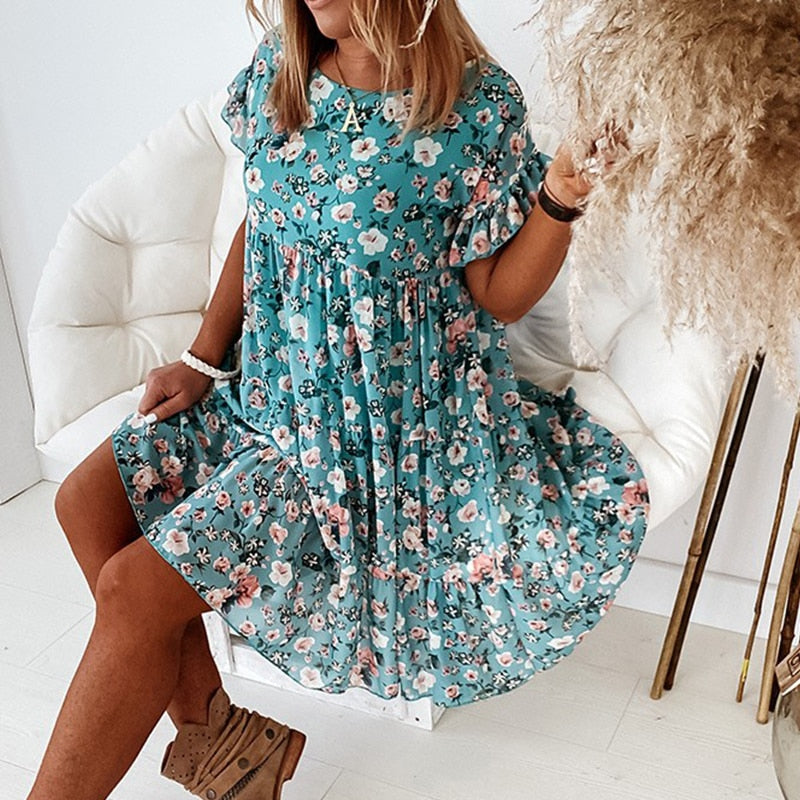 Boho-sukienka w kwiaty z falbankami i taliowanym krojem – Calista-Beżowy-S-Trend Polska