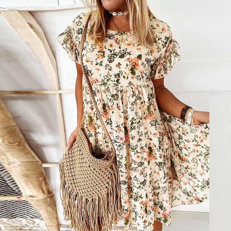 Boho-sukienka w kwiaty z falbankami i taliowanym krojem – Calista-Beżowy-S-Trend Polska