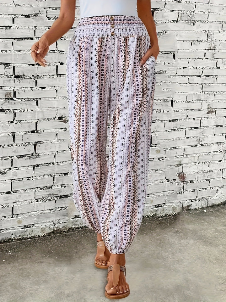 Boho wysokiej talii spodnie damskie z nadrukiem i marszczonym pasem – Linara-Biały-S-Trend Polska