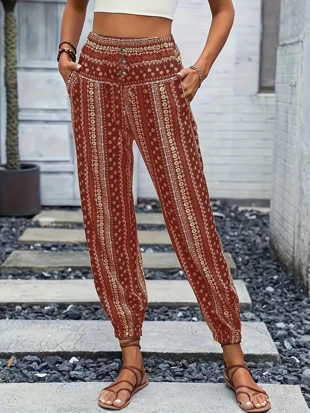 Boho wysokiej talii spodnie damskie z nadrukiem i marszczonym pasem – Linara-Ceglasty czerwony-S-Trend Polska
