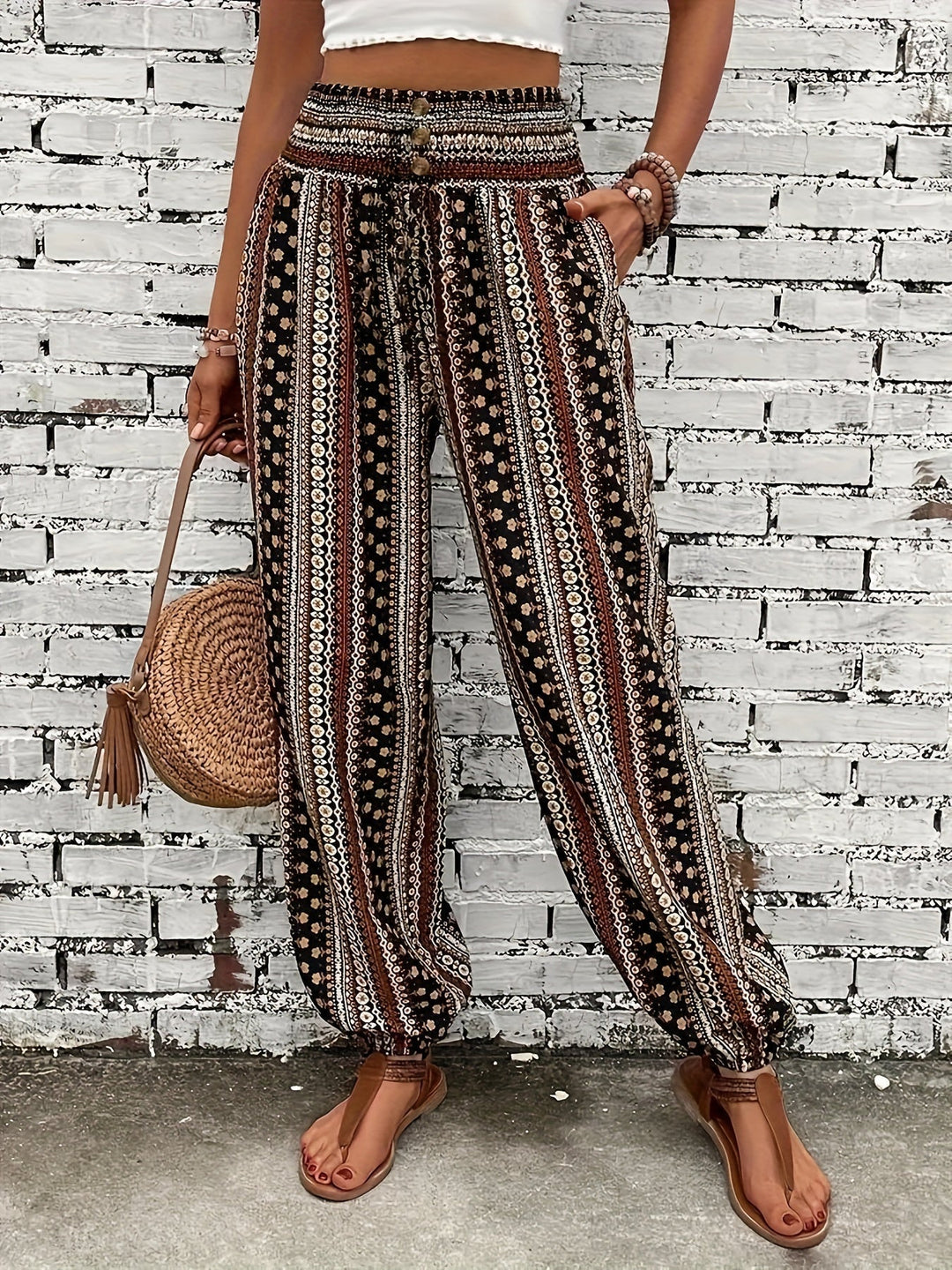 Boho wysokiej talii spodnie damskie z nadrukiem i marszczonym pasem – Linara-Ciemnobrązowy-S-Trend Polska