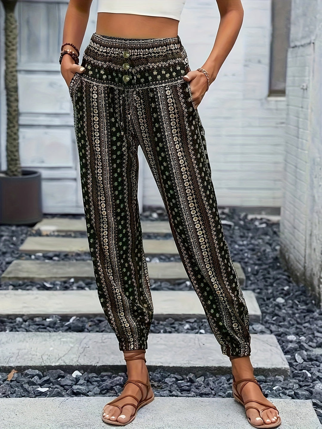 Boho wysokiej talii spodnie damskie z nadrukiem i marszczonym pasem – Linara-Ciemnozielony-S-Trend Polska