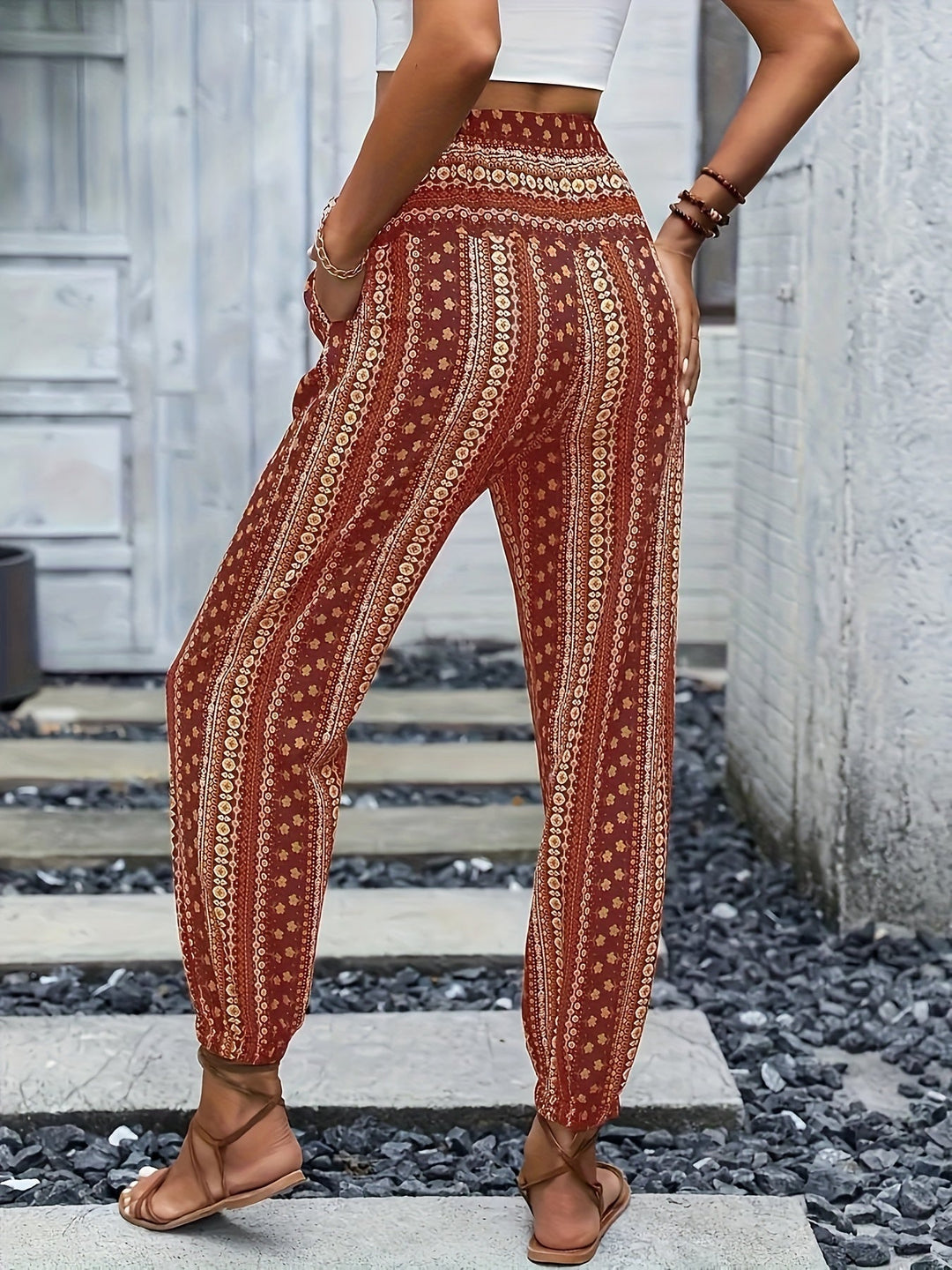Boho wysokiej talii spodnie damskie z nadrukiem i marszczonym pasem – Linara-Ciemnobrązowy-S-Trend Polska