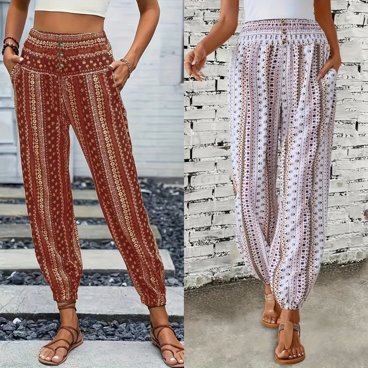 Boho wysokiej talii spodnie damskie z nadrukiem i marszczonym pasem – Linara-Ciemnobrązowy-S-Trend Polska