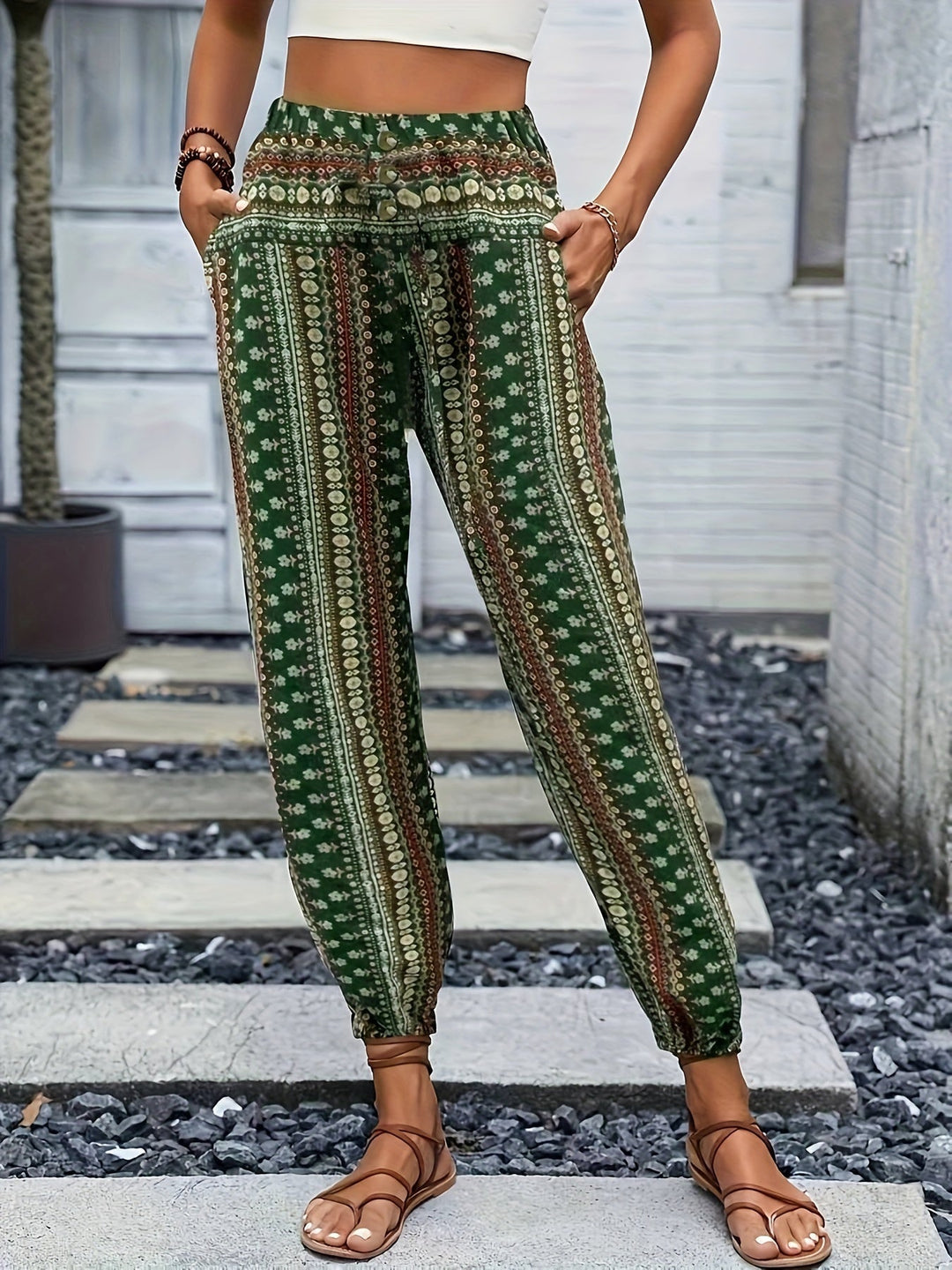 Boho wysokiej talii spodnie damskie z nadrukiem i marszczonym pasem – Linara-Zielony-S-Trend Polska