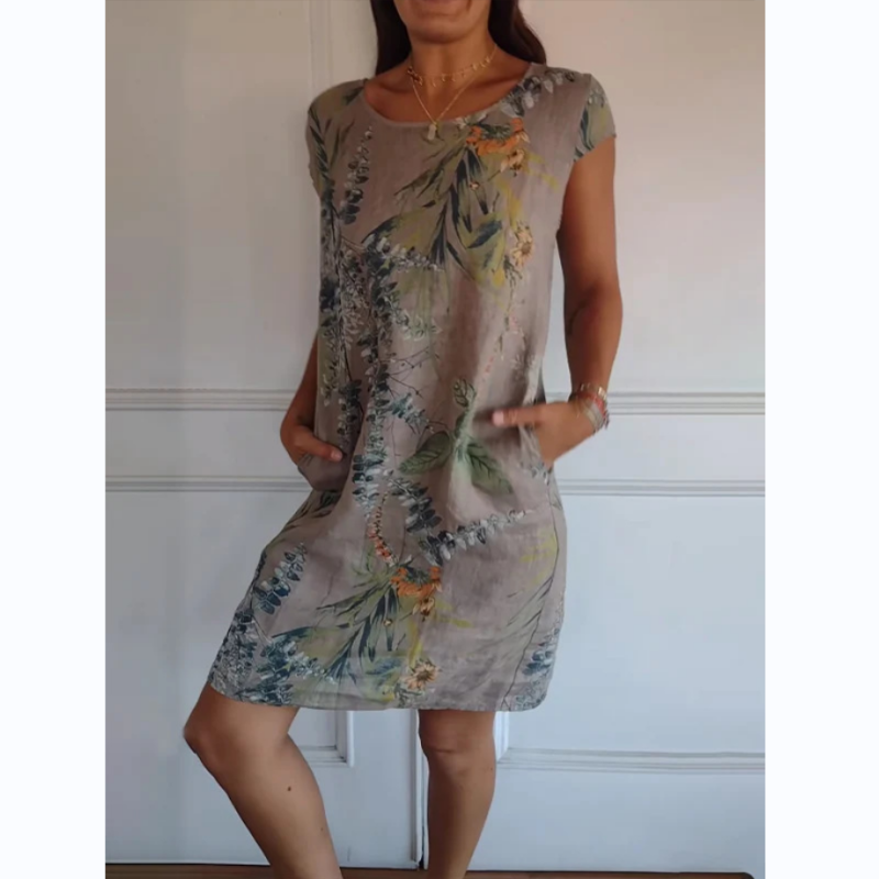 Botaniczna letnia sukienka z okrągłym dekoltem i kwiatowym krojem w kształcie litery A – Elvira-Khaki-S-Trend Polska
