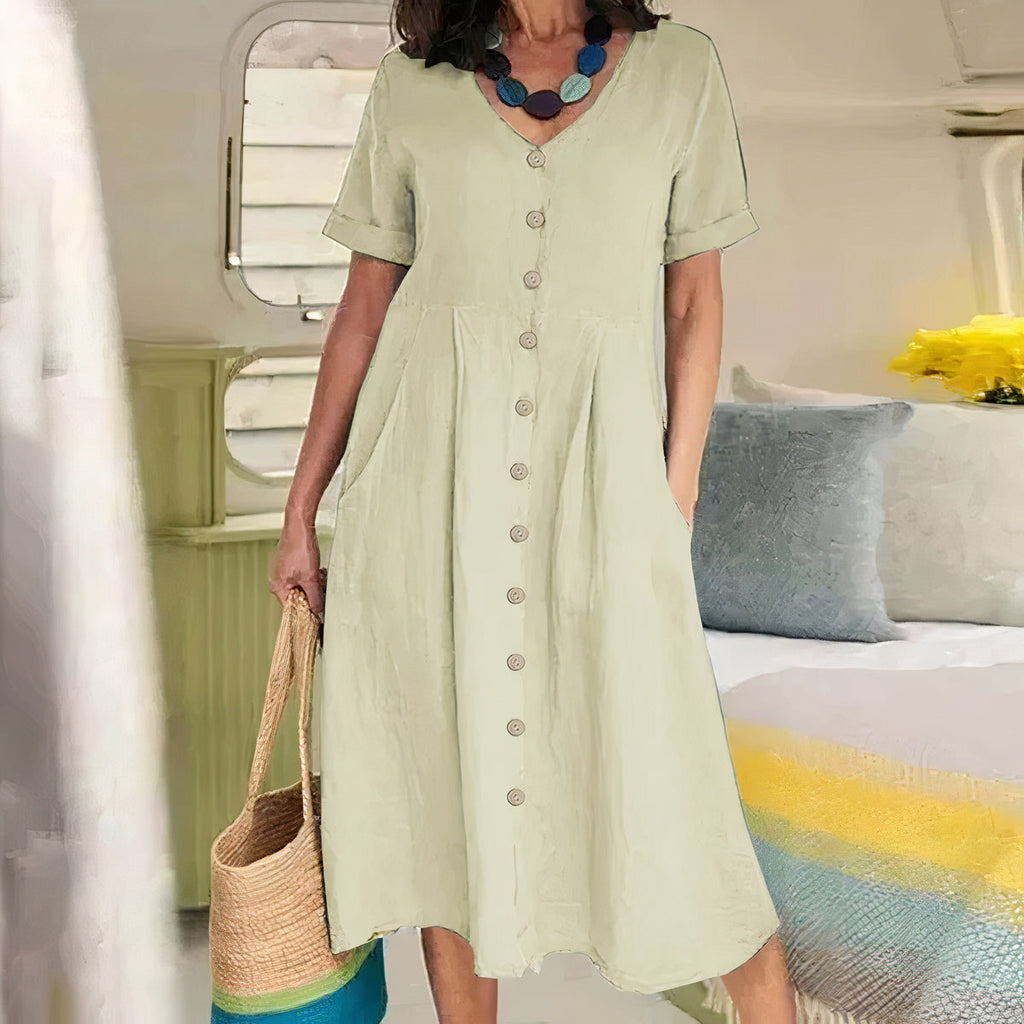 Casual Bawełniano-lniana Sukienka Letnia – Noor-Beżowy-S-Trend Polska