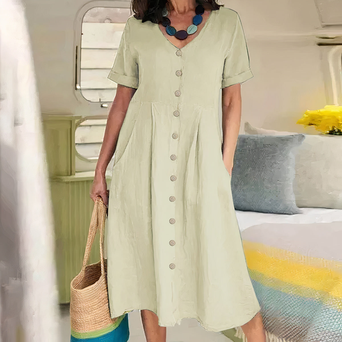 Casual Bawełniano-lniana Sukienka Letnia – Noor-Beżowy-S-Trend Polska