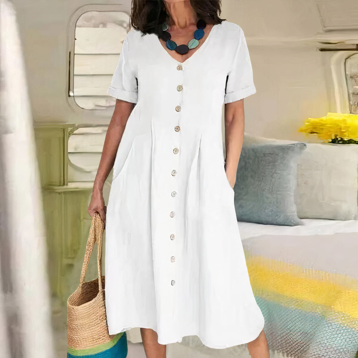 Casual Bawełniano-lniana Sukienka Letnia – Noor-Biały-S-Trend Polska