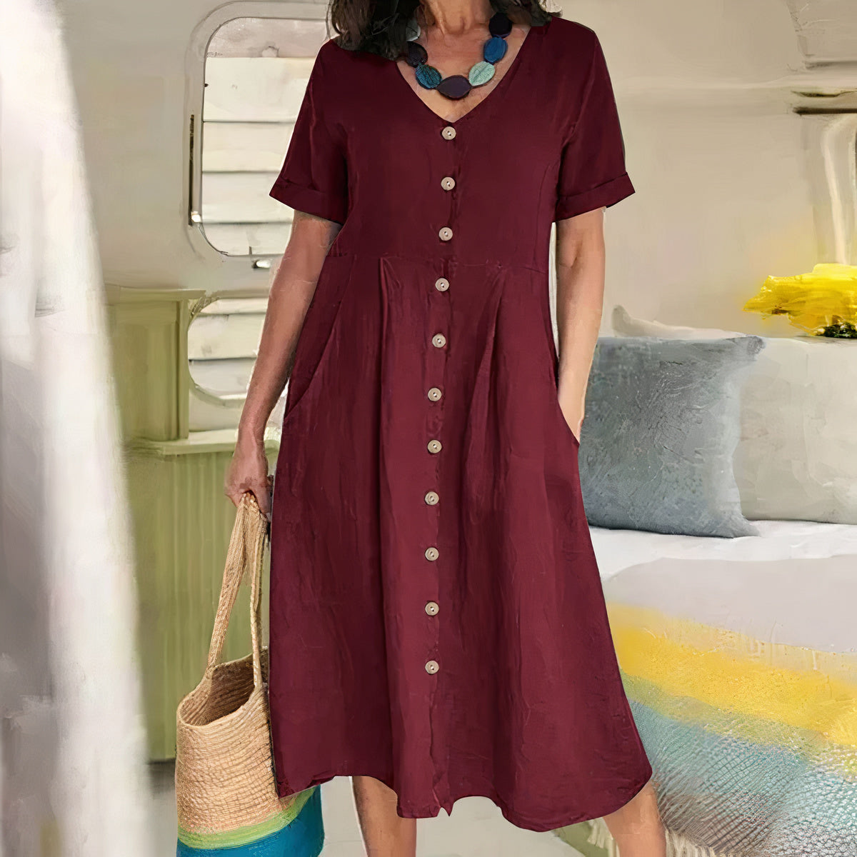 Casual Bawełniano-lniana Sukienka Letnia – Noor-Bordowy-S-Trend Polska