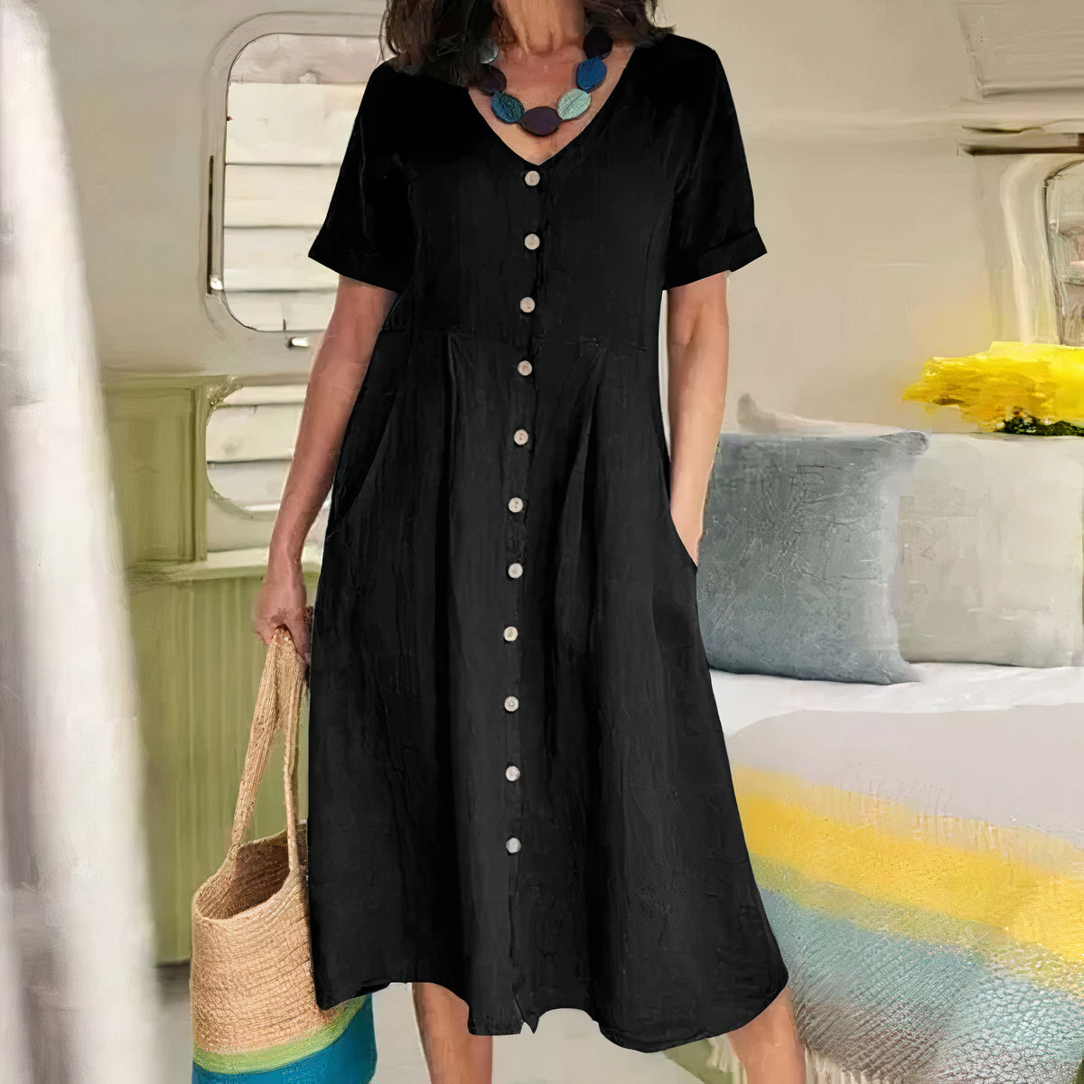 Casual Bawełniano-lniana Sukienka Letnia – Noor-Czarny-S-Trend Polska