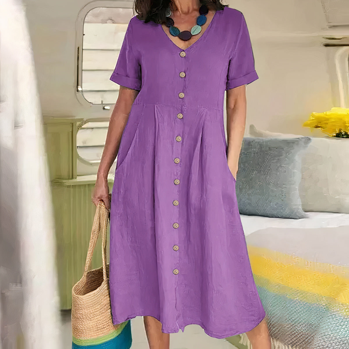 Casual Bawełniano-lniana Sukienka Letnia – Noor-Fioletowy-S-Trend Polska