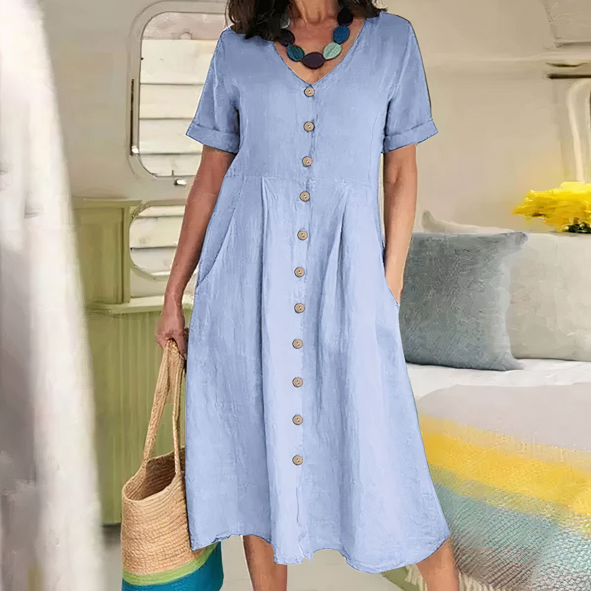 Casual Bawełniano-lniana Sukienka Letnia – Noor-Jasnoniebieski-S-Trend Polska