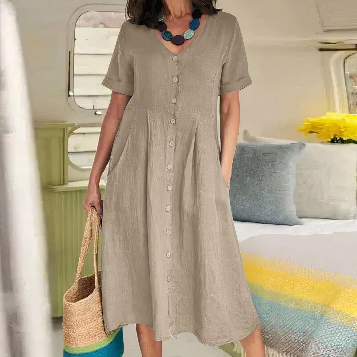 Casual Bawełniano-lniana Sukienka Letnia – Noor-Khaki-S-Trend Polska