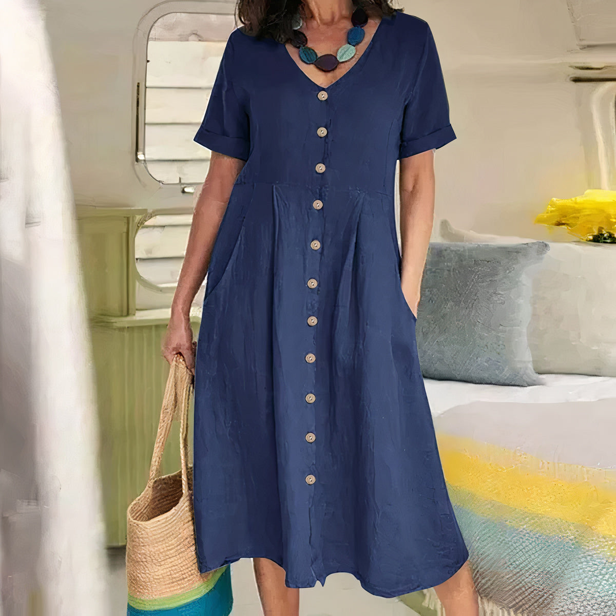 Casual Bawełniano-lniana Sukienka Letnia – Noor-Morski Niebieski-S-Trend Polska