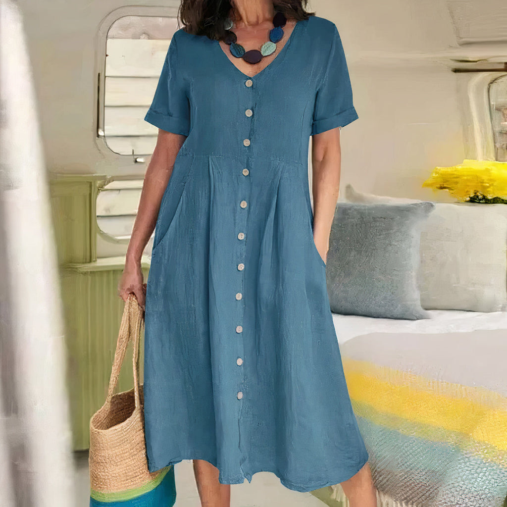 Casual Bawełniano-lniana Sukienka Letnia – Noor-Niebieski-S-Trend Polska
