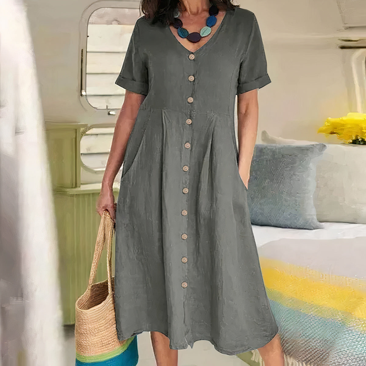 Casual Bawełniano-lniana Sukienka Letnia – Noor-Szary-S-Trend Polska