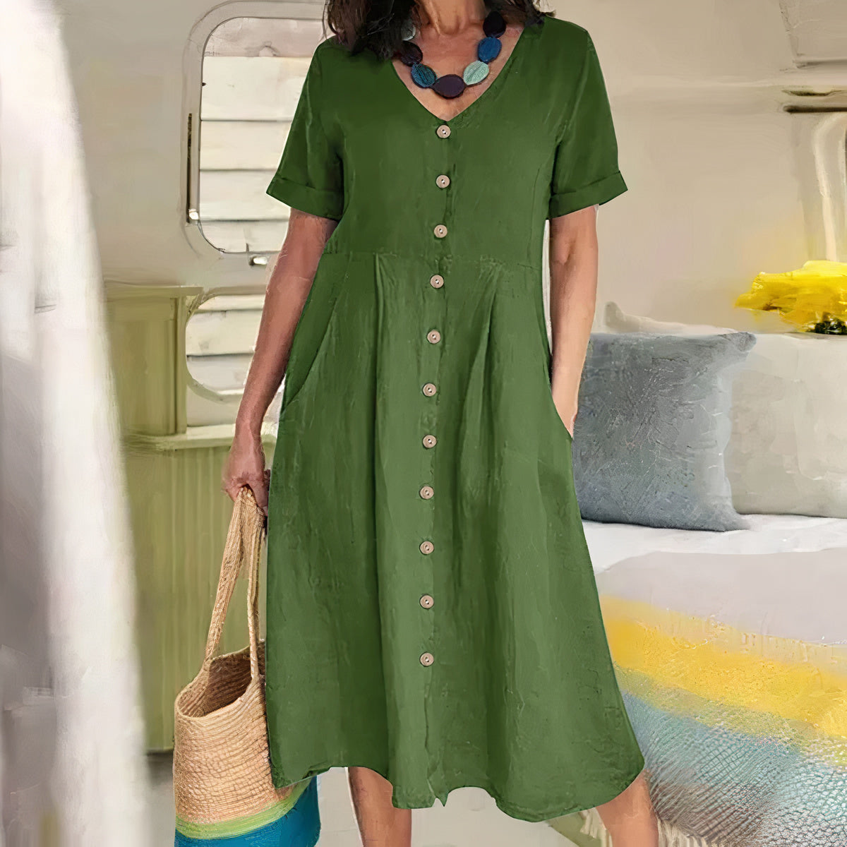 Casual Bawełniano-lniana Sukienka Letnia – Noor-Zielony-S-Trend Polska