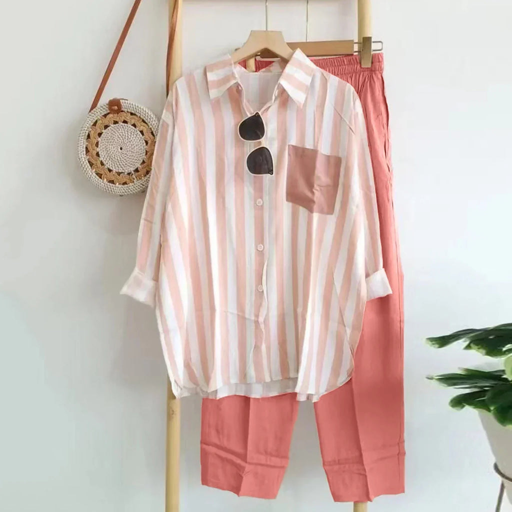 Casual Bluzka i Spodnie z Przewiewnego Materiału – Noémie-Różowy-S-Trend Polska
