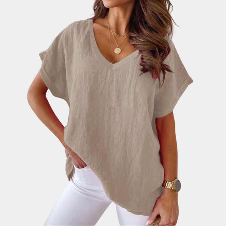 Casual Damska Koszulka z Dekoltem w Serek – Yuna-Khaki-S-Trend Polska