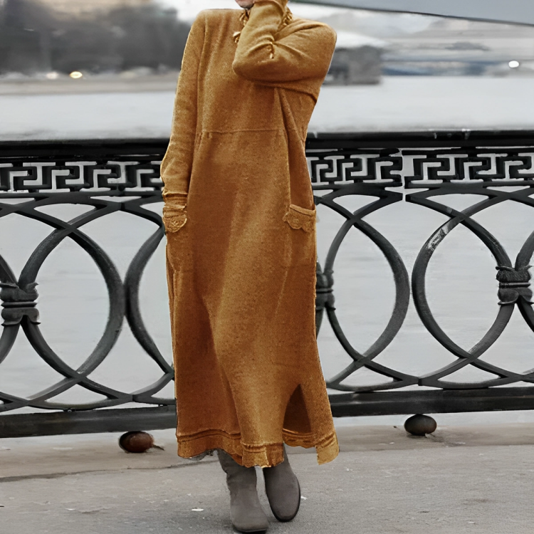 Casual Długa Zimowa Sukienka - Noelle-Pomarańczowy-S-Trend Polska