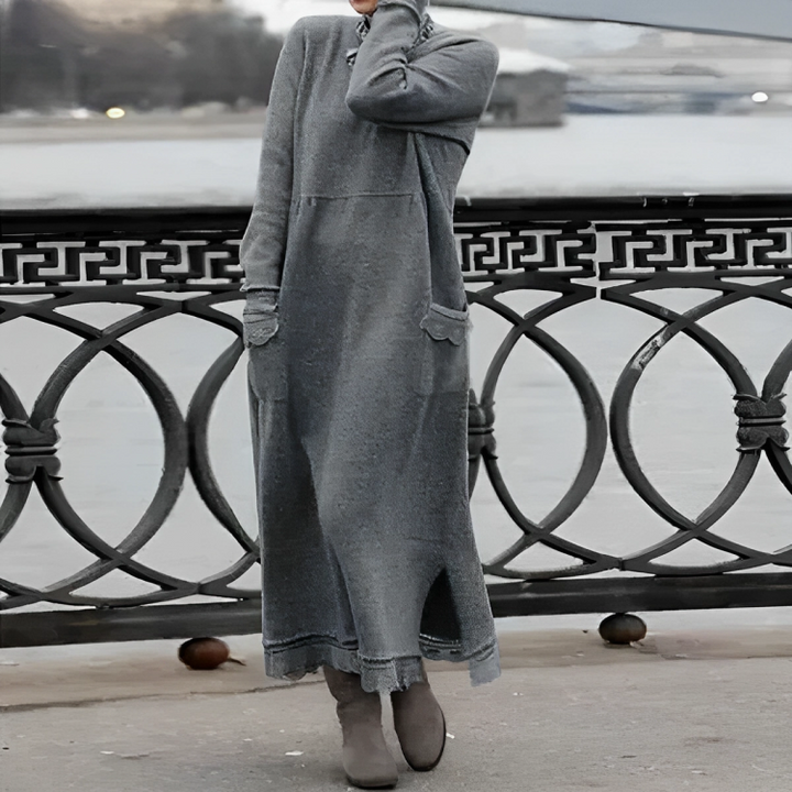 Casual Długa Zimowa Sukienka - Noelle-Szary-S-Trend Polska