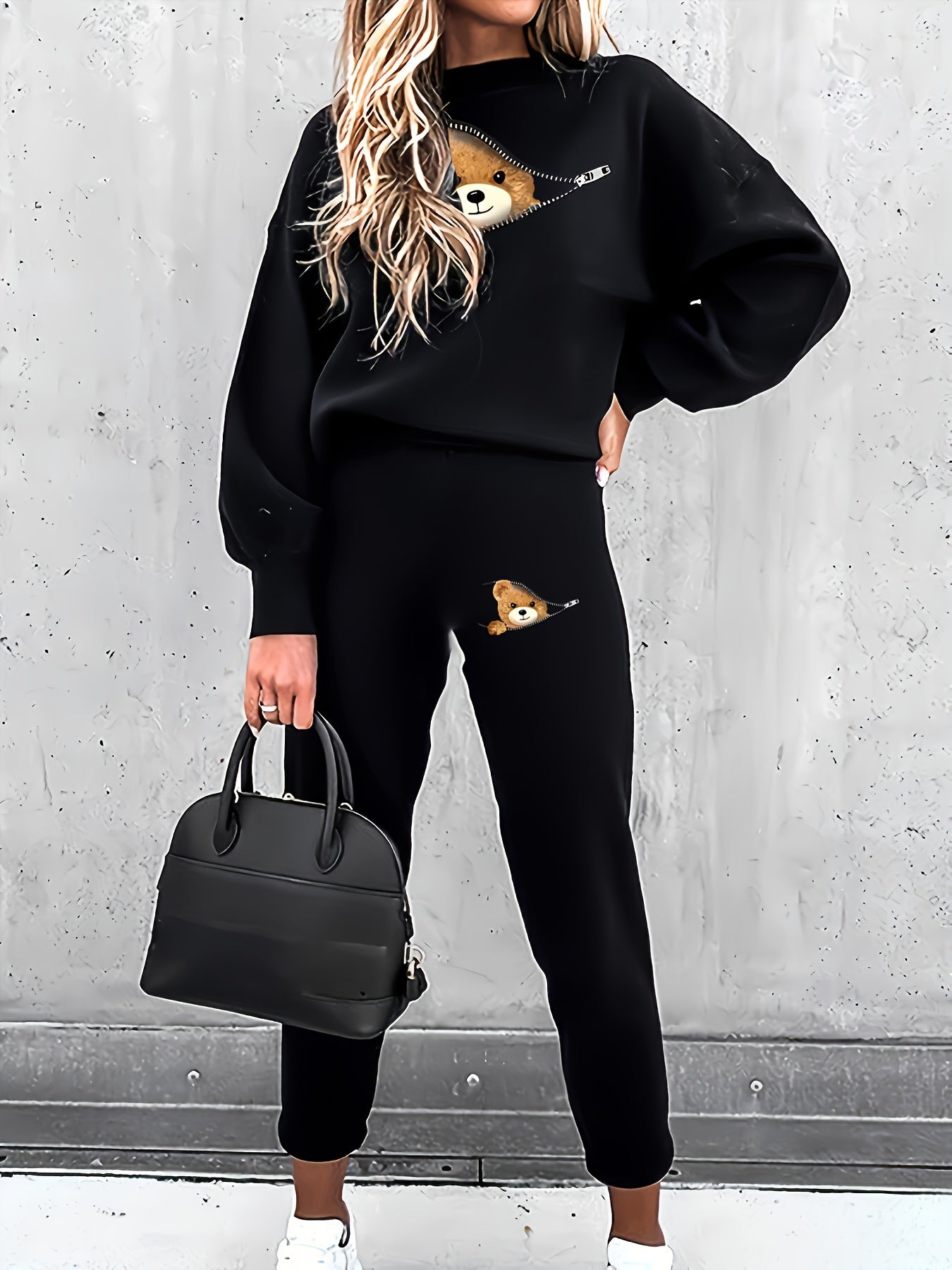 Casual dwuczęściowy strój z uroczym nadrukiem misia - Mila-Czarny-S-Trend Polska