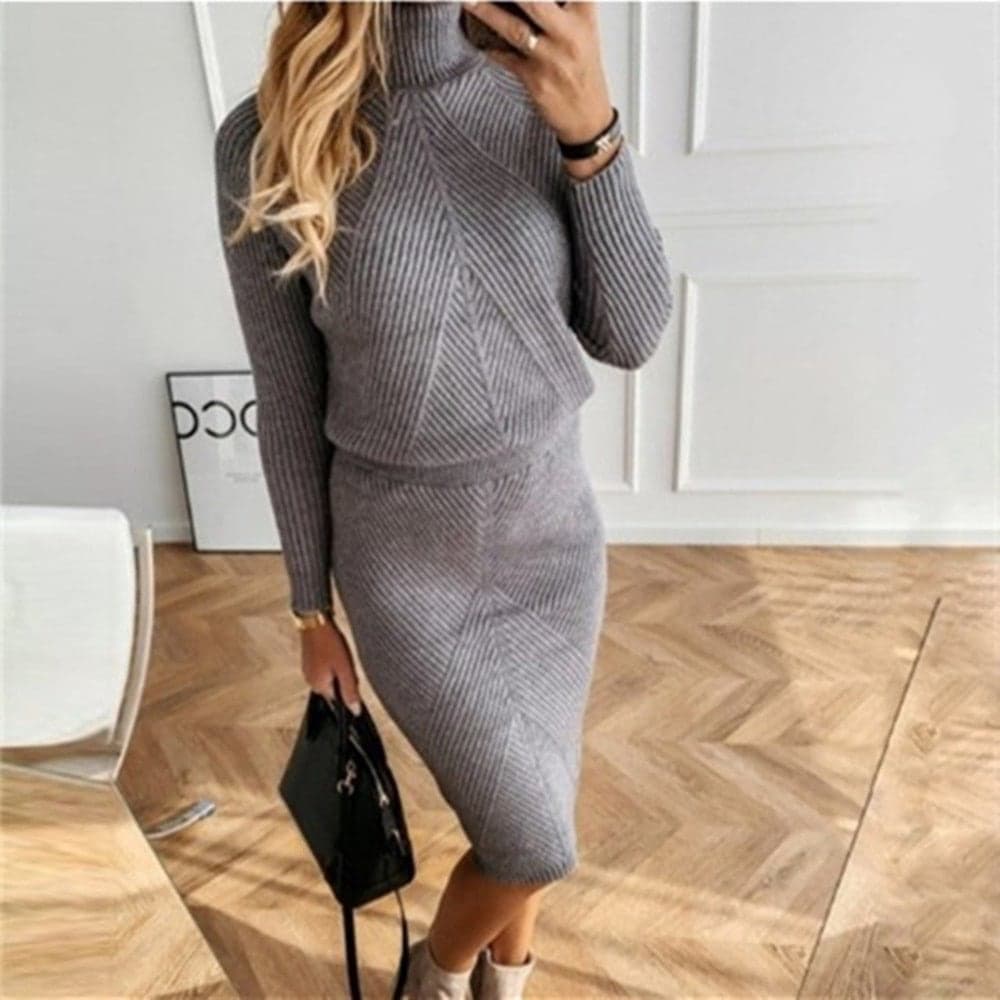 Casual Dzianinowy Zestaw (Sweter + Spódnica) - Mira-Szary-S-Trend Polska