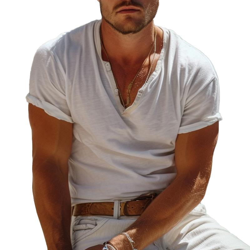 Casual Henley Kołnierzyk Koszulka Henley z Krótkim Rękawem – Nico-Biały-S-Trend Polska