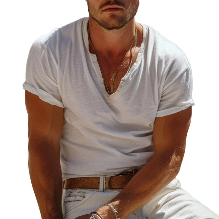 Casual Henley Kołnierzyk Koszulka Henley z Krótkim Rękawem – Nico-Biały-S-Trend Polska