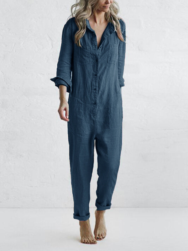 Casual Jumpsuit – Liv | 100% Bawełna, Z Przydatnymi Kieszeniami-Niebieski-S-Trend Polska