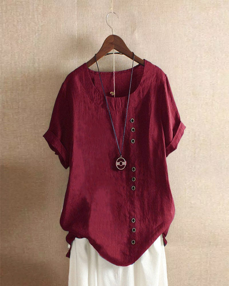 Casual Krótki Rękaw Bluzka z Okrągłym Dekoltem - Nora-Bordeaux-S-Trend Polska