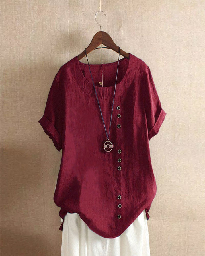 Casual Krótki Rękaw Bluzka z Okrągłym Dekoltem - Nora-Bordeaux-S-Trend Polska
