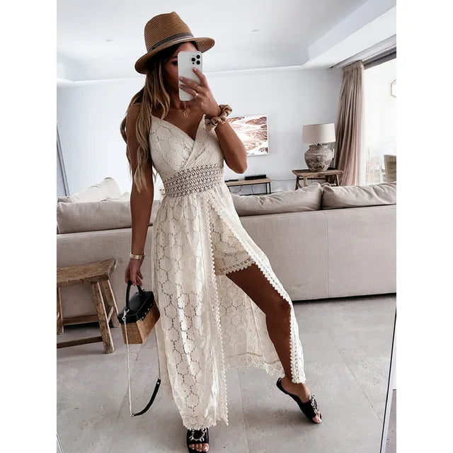 Casual Lenniowy Kombinezon z Luźnym Fasonem – Noralie-Biały-S-Trend Polska