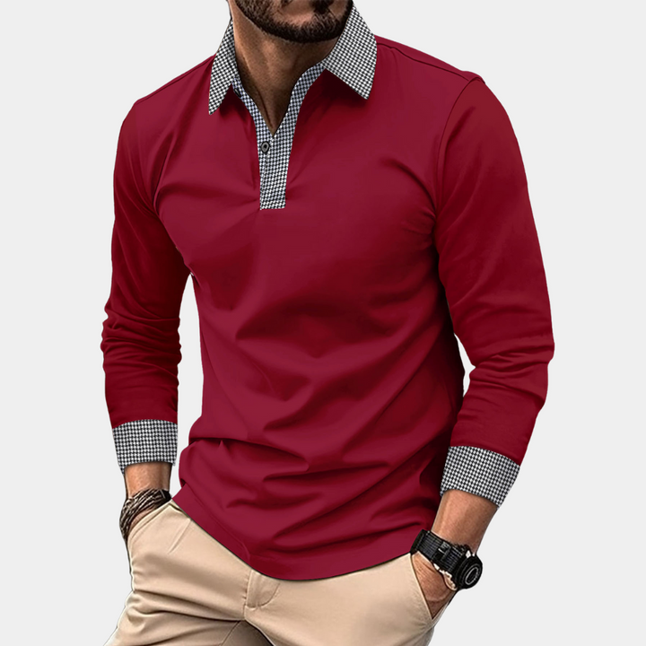 Casual męski polo z długimi rękawami - Finn-Bordeaux czerwień-M-Trend Polska
