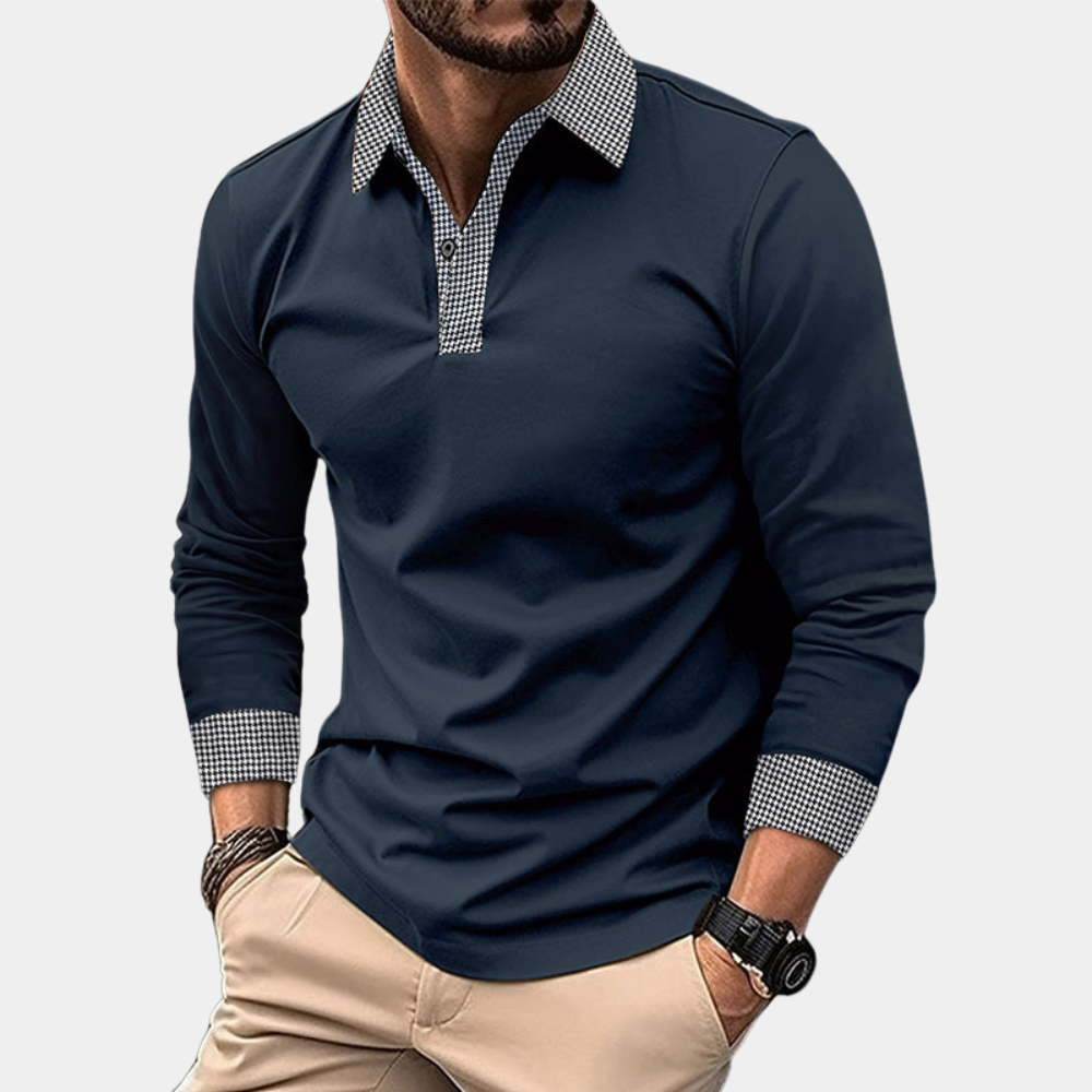 Casual męski polo z długimi rękawami - Finn-ciemnoniebieski-M-Trend Polska