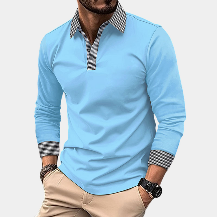Casual męski polo z długimi rękawami - Finn-Jasnoniebieski-M-Trend Polska
