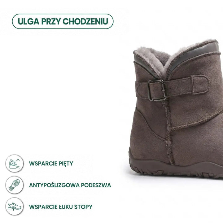 Fragment brązowoszarego botka z klamrą i futerkiem, obok ikony zalet: wsparcie pięty i podeszwa antypoślizgowa 40