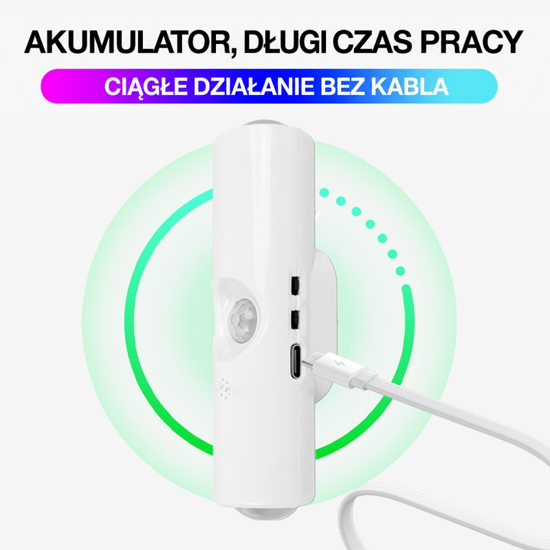 Biała lampa ładowana kablem USB-C, z zielonym okręgiem symbolizującym akumulator i pracę bezprzewodową 12