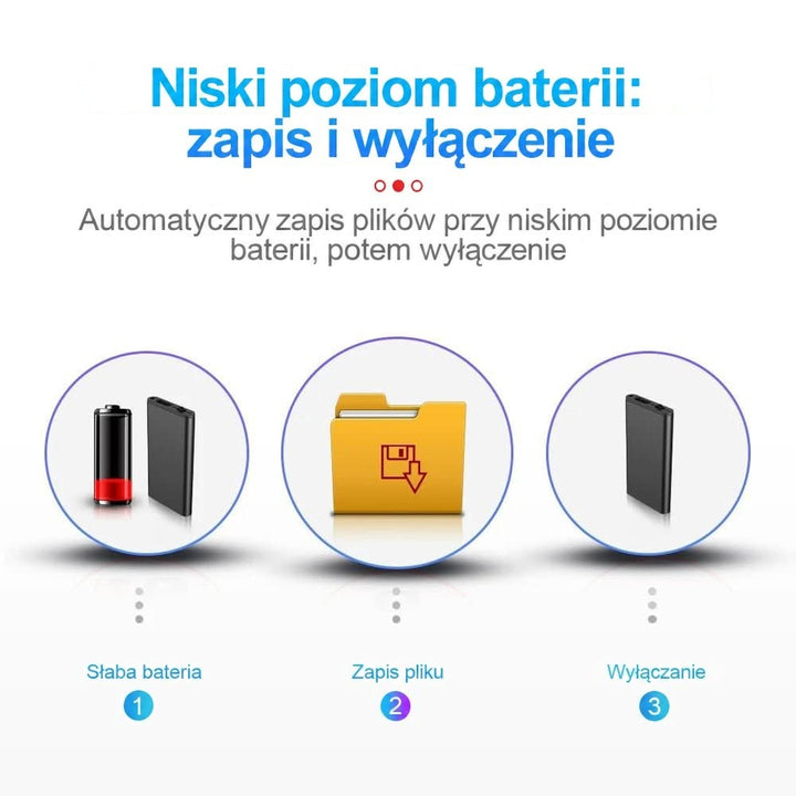 Schemat w trzech krokach: niski poziom baterii, zapisanie pliku w folderze i wyłączenie dyktafonu 8