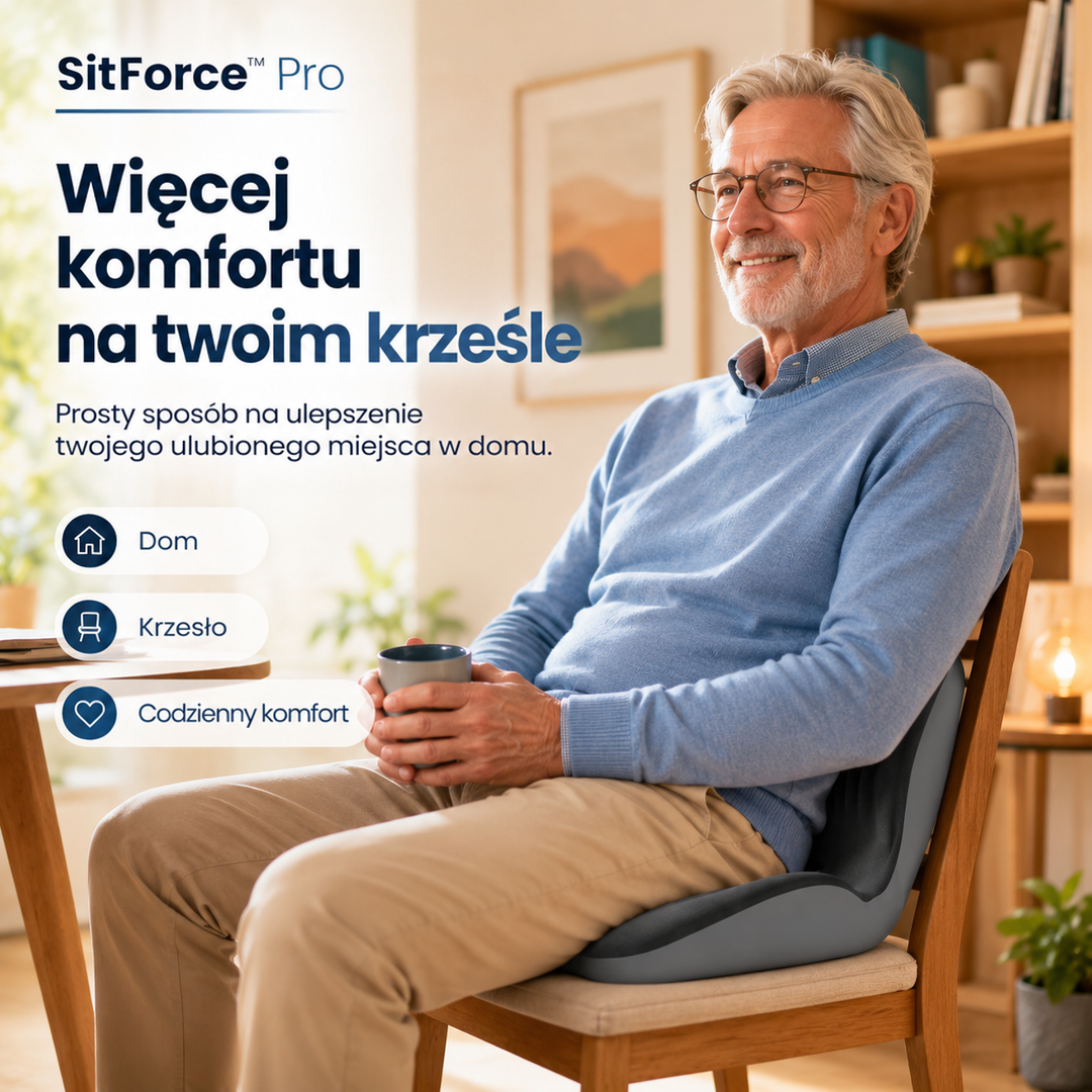 Starszy mężczyzna w okularach z kubkiem w dłoniach siedzi na drewnianym krześle z poduszką 10