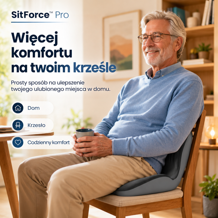 Starszy mężczyzna w okularach z kubkiem w dłoniach siedzi na drewnianym krześle z poduszką 10